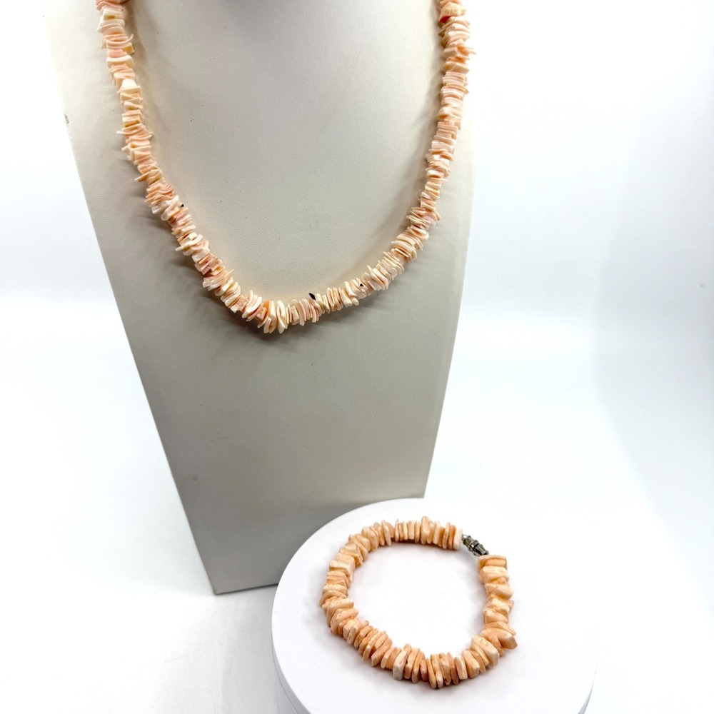 Peach Shell Chip Necklace and Bracelet Set Natural Boho Layering Jewelry Gift